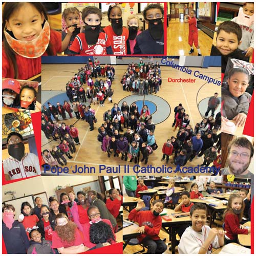 WORLD SERIES ELECTRIFIES THE CITY— As the Boston Red Sox set off for St. Louis and — hopefully— another World Series trophy last week, the students and faculty at Pope John Paul II Catholic Academy’s Columbia Campus banded together to show off their Boston pride.   The school kids were encouraged came to school wearing their fake beards last Friday— a hat tip to the hometown squad who turned this baseball season into one for the ages here in Boston. As the Reporter went to press on Wednesday, the Sox were one win away from  their third World Series win in ten years and their first captured at Fenway since 1918. Images courtesy Claire F. Barton Sheridan/ Pope John Paul II Catholic Academy